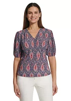 Women's Short Sleeve Smocked Paisley Blouse