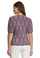 Women's Short Sleeve Smocked Paisley Blouse