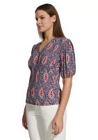 Women's Short Sleeve Smocked Paisley Blouse