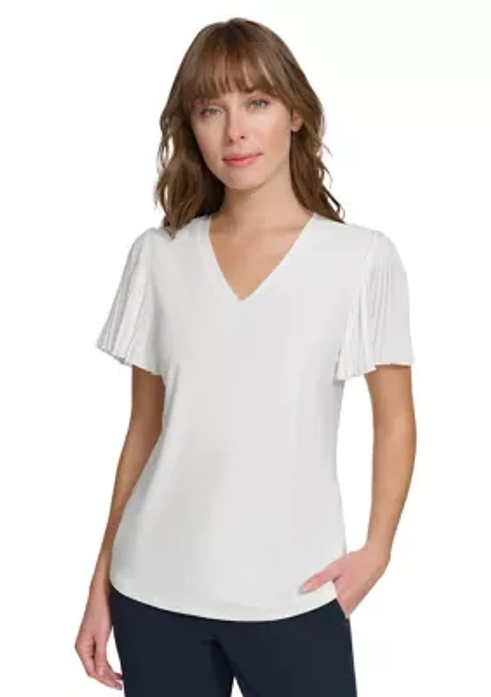 Women's Pleated Sleeve V-Neck Blouse