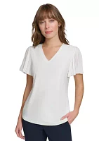 Women's Pleated Sleeve V-Neck Blouse