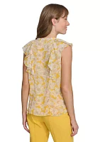 Women's Flutter Sleeve Floral Printed Ruffle Front Blouse