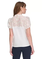 Women's Mixed Media Lace Yoke Top