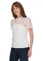 Women's Mixed Media Lace Yoke Top