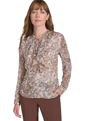 Women's Long Sleeve Paisley Ruffle Blouse