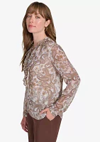 Women's Long Sleeve Paisley Ruffle Blouse