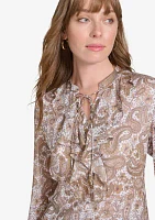 Women's Long Sleeve Paisley Ruffle Blouse