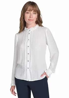 Women's Long Sleeve Pintuck Button Front Blouse