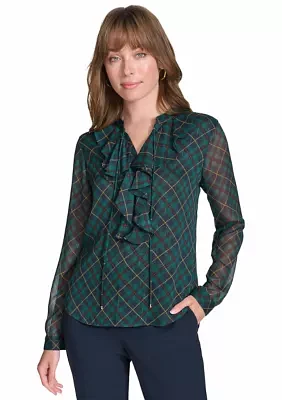 Women's Long Sleeve Plaid Ruffle Neck Blouse