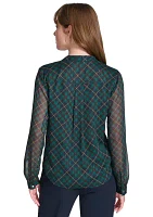 Women's Long Sleeve Plaid Ruffle Neck Blouse