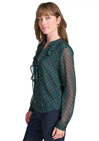 Women's Long Sleeve Plaid Ruffle Neck Blouse