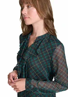 Women's Long Sleeve Plaid Ruffle Neck Blouse