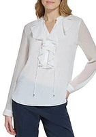 Women's Long Sleeve Ruffle Solid Top