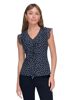 Women's Sleeveless Mixed Media Dot Ruffle Top