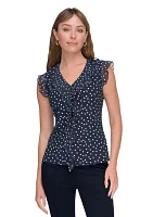 Women's Sleeveless Mixed Media Dot Ruffle Top