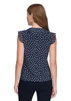 Women's Sleeveless Mixed Media Dot Ruffle Top