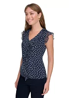 Women's Sleeveless Mixed Media Dot Ruffle Top