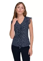 Women's Sleeveless Mixed Media Dot Ruffle Top