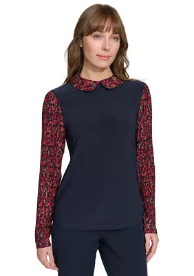 Women's Long Sleeve Collared Mixed Media Floral Top