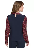 Women's Long Sleeve Collared Mixed Media Floral Top