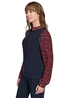 Women's Long Sleeve Collared Mixed Media Floral Top