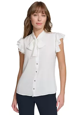 Women's Solid Ruffle Sleeve Button Down Blouse