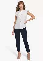 Women's Solid Ruffle Sleeve Button Down Blouse