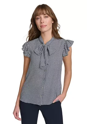 Women's Houndstooth Ruffle Sleeve Bow Blouse