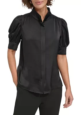 Women's Puff Sleeve Mandarin Collared Blouse