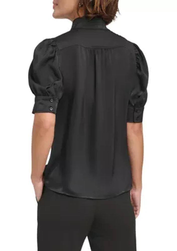 Women's Puff Sleeve Mandarin Collared Blouse