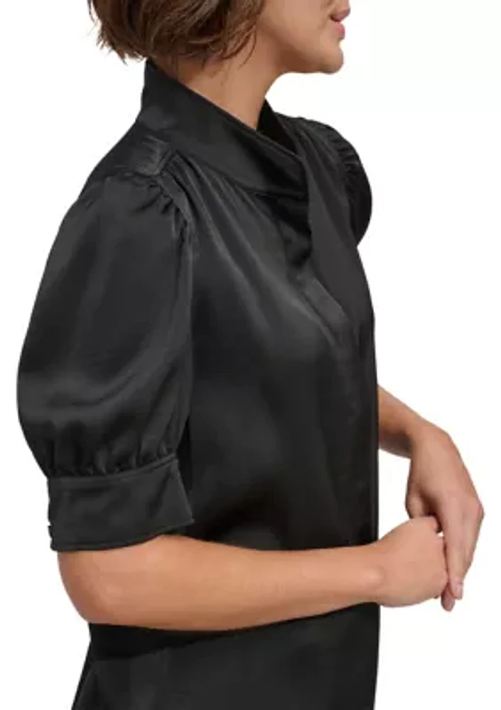 Women's Puff Sleeve Mandarin Collared Blouse