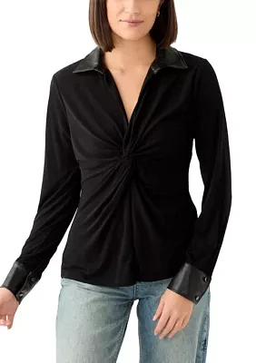 Women's Long Sleeve Faux Leather Top