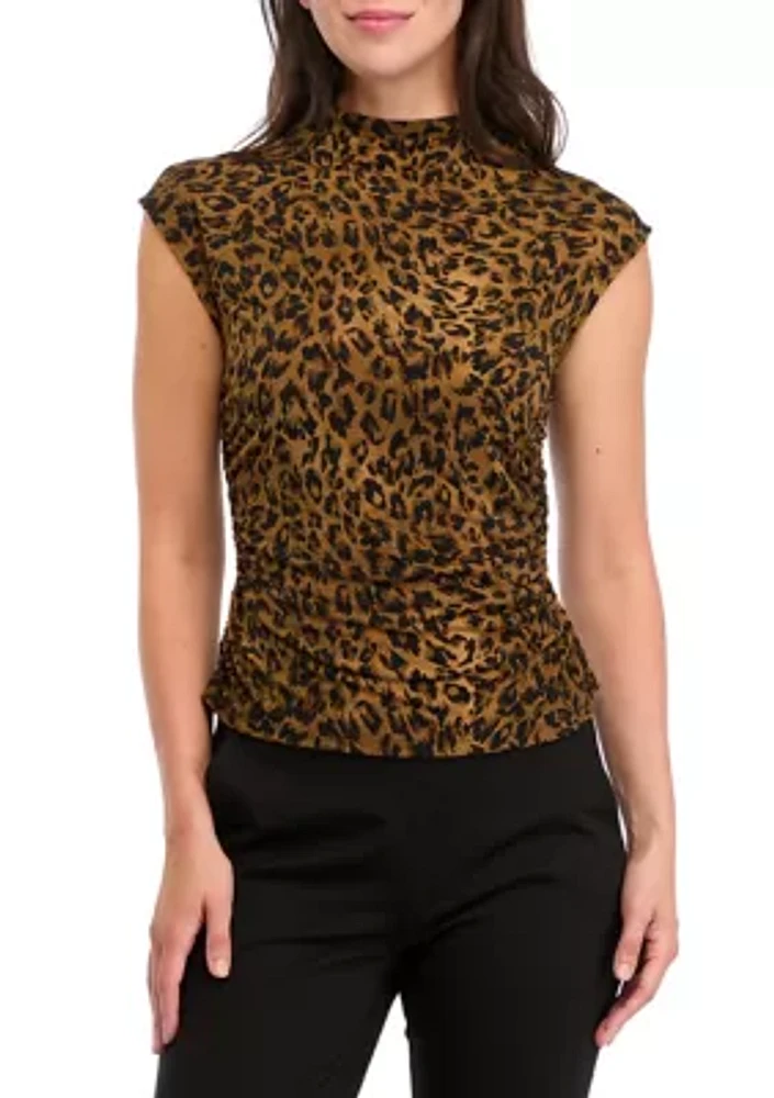 Women's Funnel Neck Ruched Sleeve Printed Top