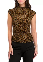 Women's Funnel Neck Ruched Sleeve Printed Top