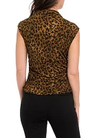 Women's Funnel Neck Ruched Sleeve Printed Top