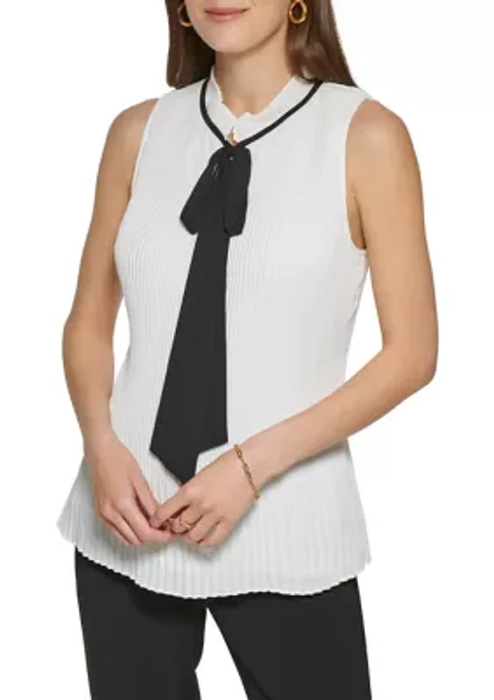 Women's Sleeveless Tie Neck Pleated Contrast Trim Blouse