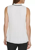 Women's Sleeveless Tie Neck Pleated Contrast Trim Blouse