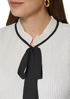 Women's Sleeveless Tie Neck Pleated Contrast Trim Blouse