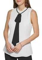 Women's Sleeveless Tie Neck Pleated Contrast Trim Blouse