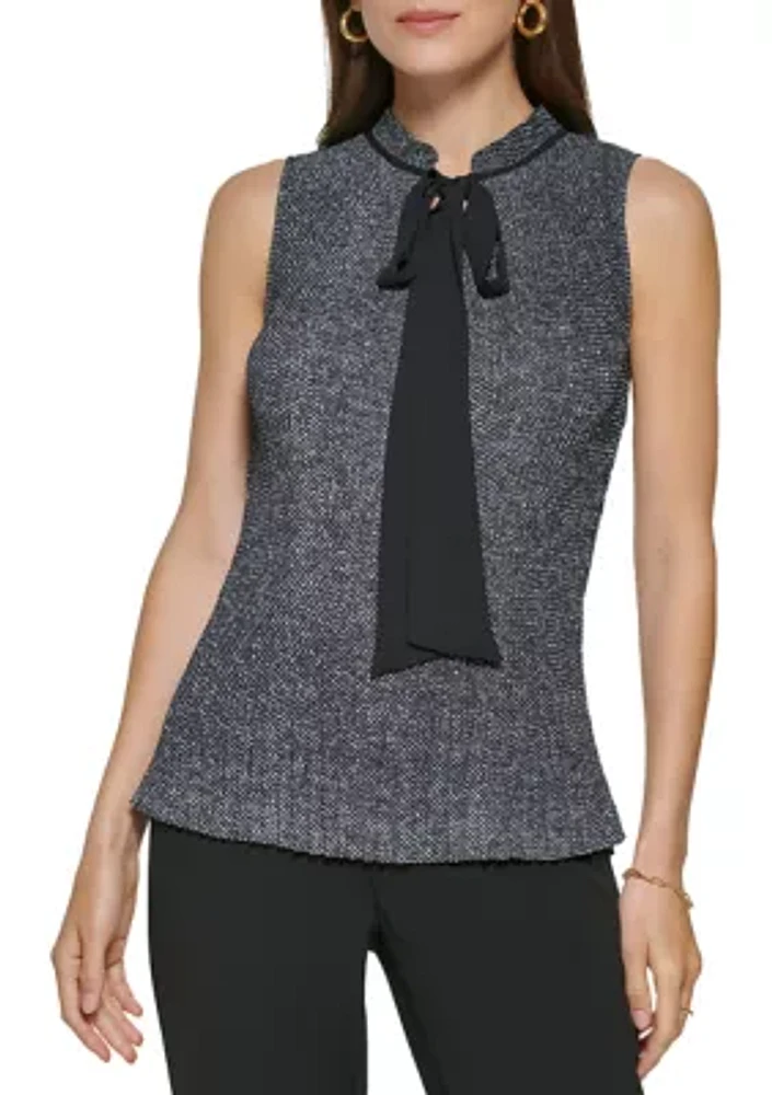 Women's Sleeveless Tie Neck Pleated Ditsy Print Blouse