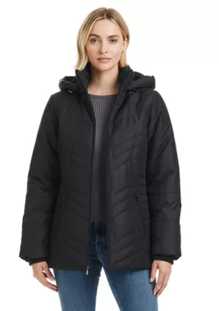 Women's Hooded Puffer Jacket with Chevron Quilting