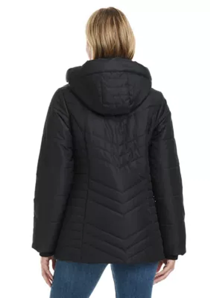 Women's Hooded Puffer Jacket with Chevron Quilting