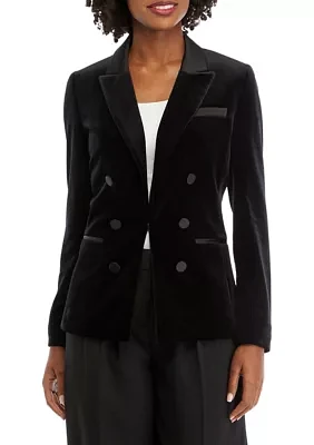 Women's Long Sleeve Notch Collar Faux Double Breasted Velvet Jacket