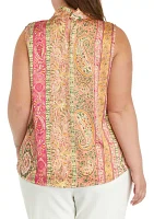 Plus Printed Tie Neck Blouse