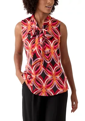 Women's Printed Satin Bow Blouse