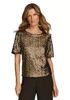 Women's Puff Sleeve Sequin Crew Neck Top