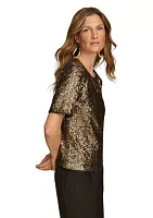 Women's Puff Sleeve Sequin Crew Neck Top