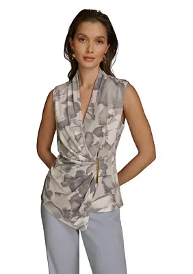 Women's Sleeveless V-Neck Floral Faux Wrap Blouse