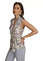 Women's Sleeveless V-Neck Floral Faux Wrap Blouse