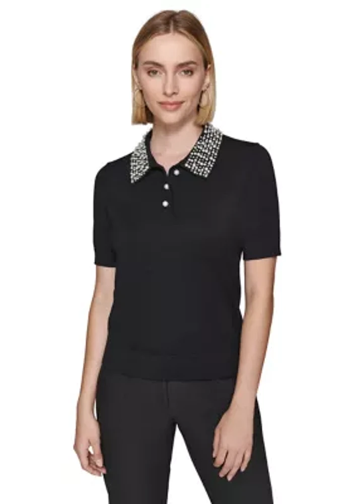 Women's Short Sleeve Pearl Collar Top